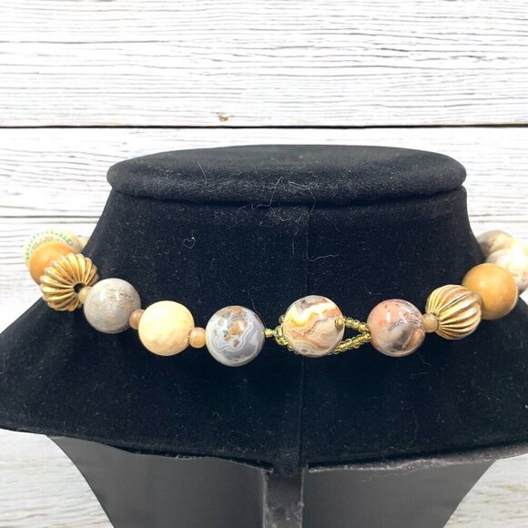 Polished Stone Beaded Princess Necklace Natural Earth Tones 16"L - Picture 2 of 4